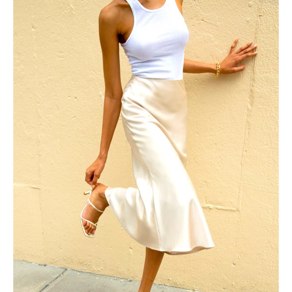 Beige satin long skirt